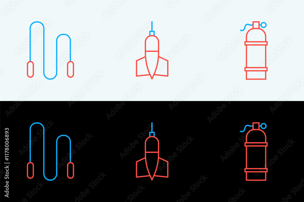 Poster set line aqualung, jump rope and dart arrow icon. vector