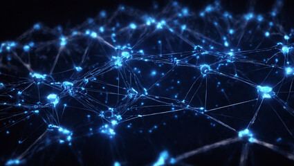 Artificial intelligence network. Abstract image of a digital network illuminated by blue light, showing interconnected nodes and lines on a dark background.
