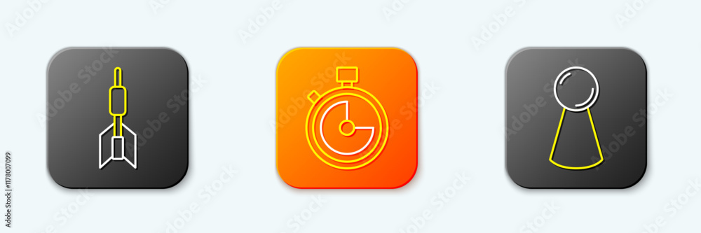Poster set line dart arrow, stopwatch and chip for board game icon. vector