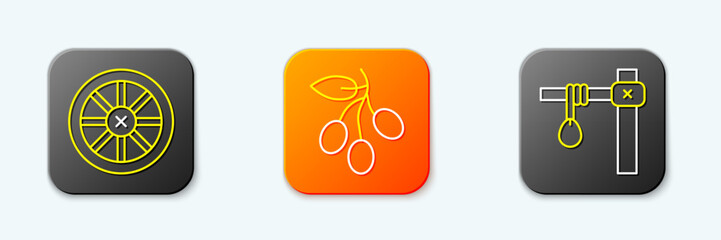 Set line Old wooden wheel, Olives branch and Gallows icon. Vector
