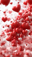 A vibrant mix of red and white hearts swirls through the air, creating a joyful and romantic atmosphere perfect for celebrations like Valentine's Day or anniversaries