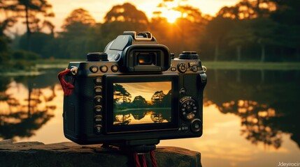 Photographer captures autumn sunrise in serene meadow surrounded by mountains.