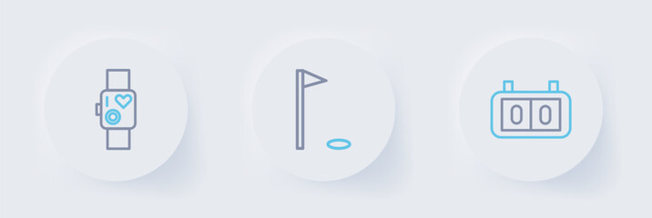 Set line Sport mechanical scoreboard, Golf flag and Smart watch showing heart beat rate icon. Vector