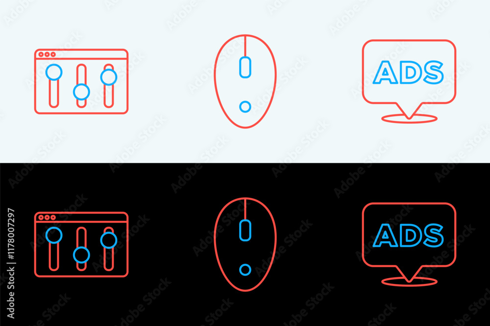 Poster set line advertising, browser setting and computer mouse icon. vector