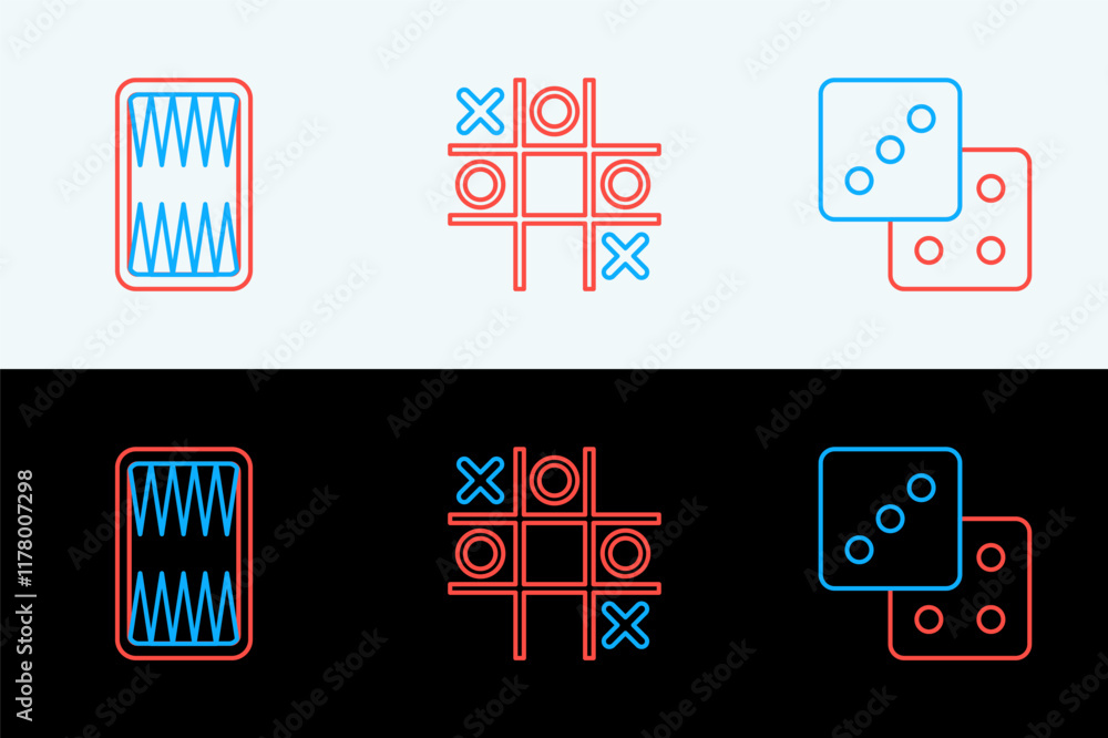 Poster set line game dice, backgammon board and tic tac toe game icon. vector