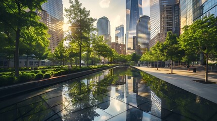 A modern glass skyscraper surrounded by green spaces and reflecting pools, located in a major metropolitan city with a bright, sunny sky.