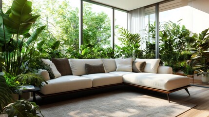 sofa decor ideas, snake-patterned pillows on a contemporary couch in a neutral-toned room with green houseplants