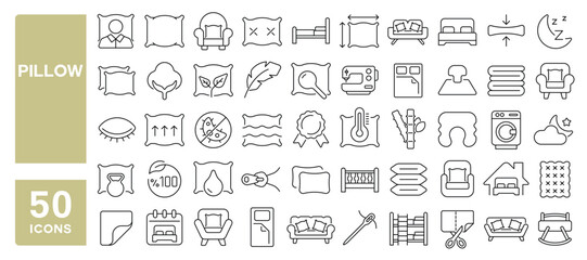 Set of 50 line icons related to pillow, cushion, bed, topper, blanket, fabric, duvet, sleep, cotton, filler, Editable stroke. Vector illustration
