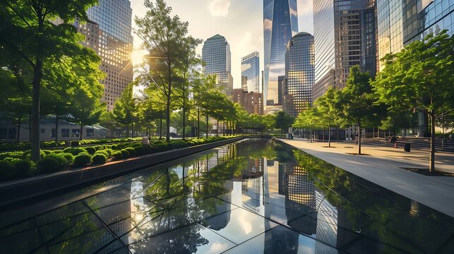 A modern glass skyscraper surrounded by green spaces and reflecting pools, located in a major metropolitan city with a bright, sunny sky.


