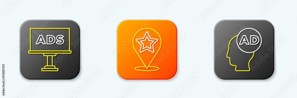 Poster set line advertising, map pointer with star and icon. vector
