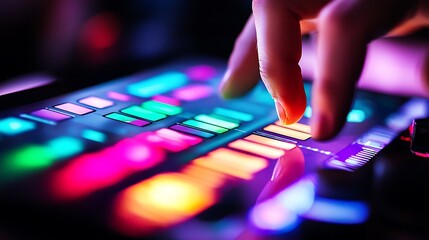 Fototapeta premium A close-up of a hand interacting with a colorful electronic music interface.