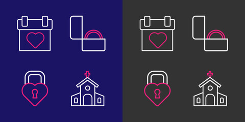 Set line Church building, Castle the shape of heart, Diamond engagement ring and Calendar icon. Vector