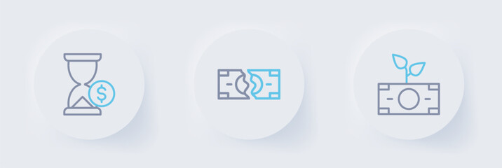 Set line Money plant in the pot, Tearing money banknote and Hourglass with dollar icon. Vector