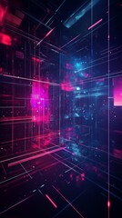 Abstract image with bright neon lines and light effects in a blue-violet color scheme. Modern digital background symbolizing technology, future and cyberspace