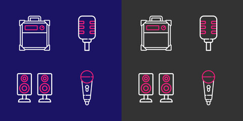 Set line Microphone, Stereo speaker, and Guitar amplifier icon. Vector