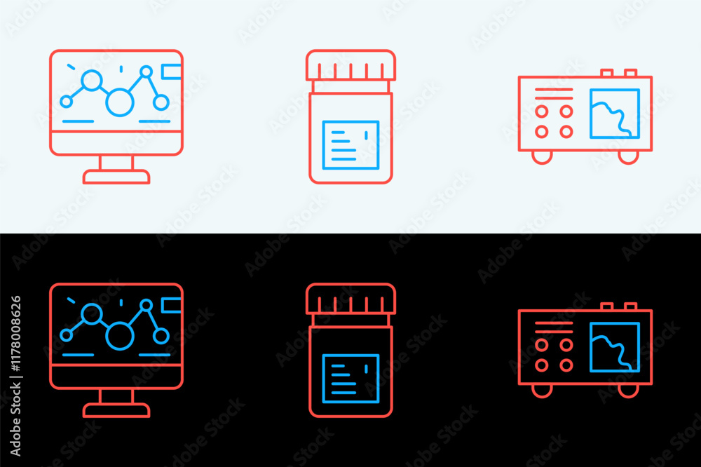 Poster set line spectrometer, genetic engineering modification and jar with additives icon. vector