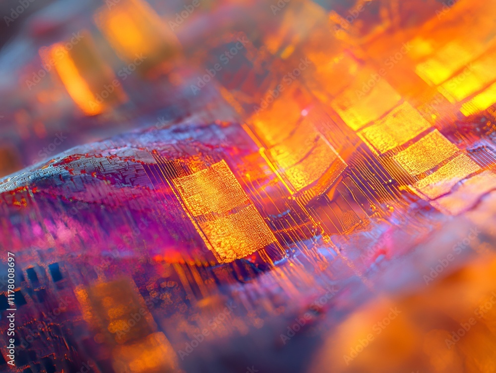 Poster intricate close up of microchip circuits with a mystical glow for enhanced visual appeal