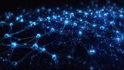 Artificial intelligence network. Abstract image of a digital network illuminated by blue light, showing interconnected nodes and lines on a dark background.