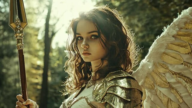 Young warrior angel stands confidently in a sunlit forest, showcasing armor and elegant wings