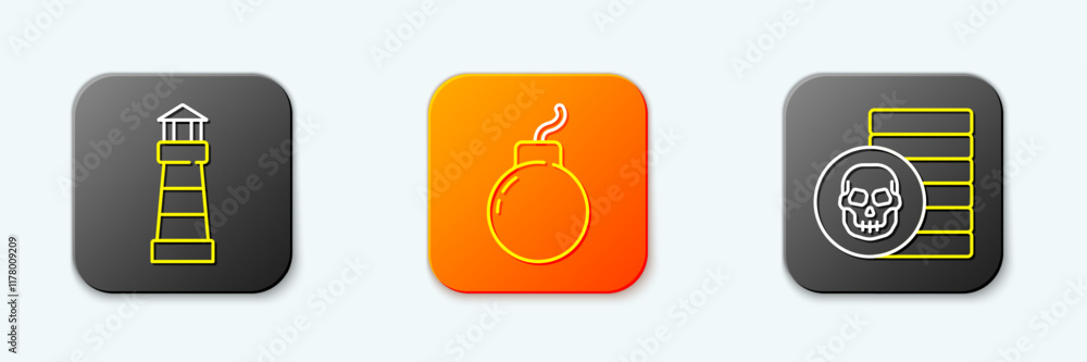 Poster set line lighthouse, bomb ready to explode and pirate coin icon. vector