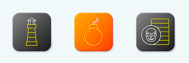 Set line Lighthouse, Bomb ready to explode and Pirate coin icon. Vector