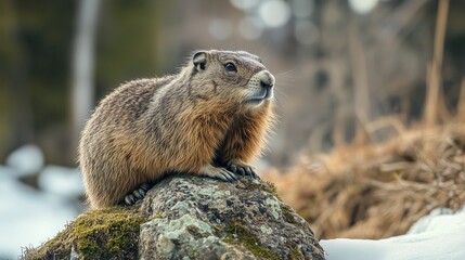 Close-up of a marmot sitting on a moss-covered stone in a winter forest. The scene symbolizes Groundhog Day and wildlife, creating an atmosphere of solitude and natural beauty.
