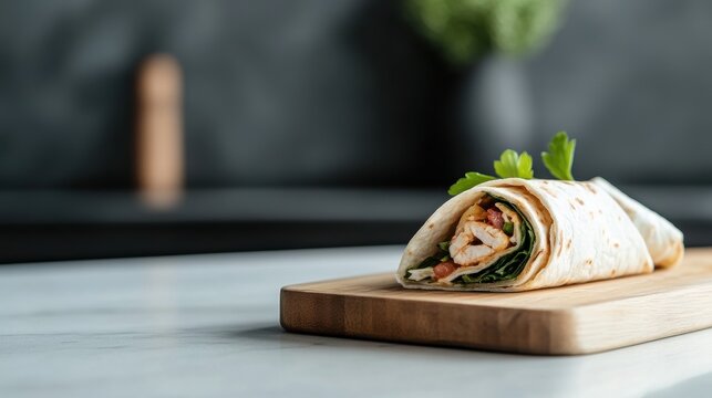 gourmet kitchen display, tasty wraps arranged on a wooden board in a bright, modern kitchen with spring-inspired decorations and an open layout