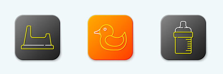 Set line Baby potty, Rubber duck and bottle icon. Vector