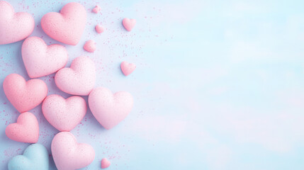 Romantic heart shaped candy on a pastel blue background with copy space, Valentines concept, AI generated