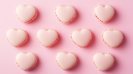 Pink heart shaped macarons on a pink background, Romantic treats or sweets on a pink backdrop, AI generated