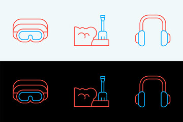 Set line Winter headphones, Ski goggles and Shovel snowdrift icon. Vector