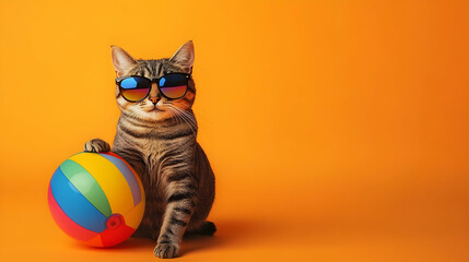 Playful cat wearing sunglasses playing with a beach ball, symbolizing energy and fun, ideal for family-friendly summer ads or travel campaigns
