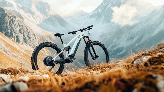 Electric mountain bike against the backdrop of the picturesque Alpine mountains. Ideal illustration for outdoor activities, eco-friendly tourism and adventure travel.