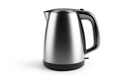A sleek and modern electric kettle with a stainless steel finish on a white isolated background