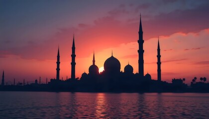 Obraz premium Stylized silhouette of a mosque set against a dramatic sunset, with a rich color palette featuring warm oranges, reds, and purples, evoking the beauty and culture of Dubai or the Emirates