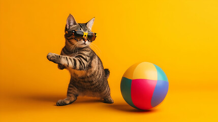Playful cat wearing sunglasses playing with a beach ball, symbolizing energy and fun, ideal for family-friendly summer ads or travel campaigns