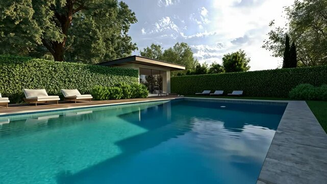 Poolside relaxation in a serene garden setting with plush seating and clear blue waters