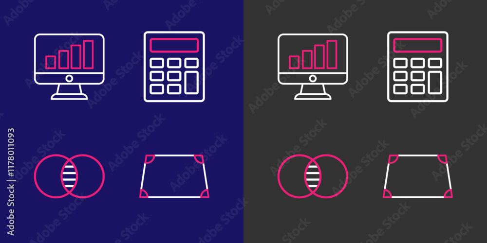 Poster set line acute trapezoid shape, mathematics sets and b, calculator and computer monitor with graph c