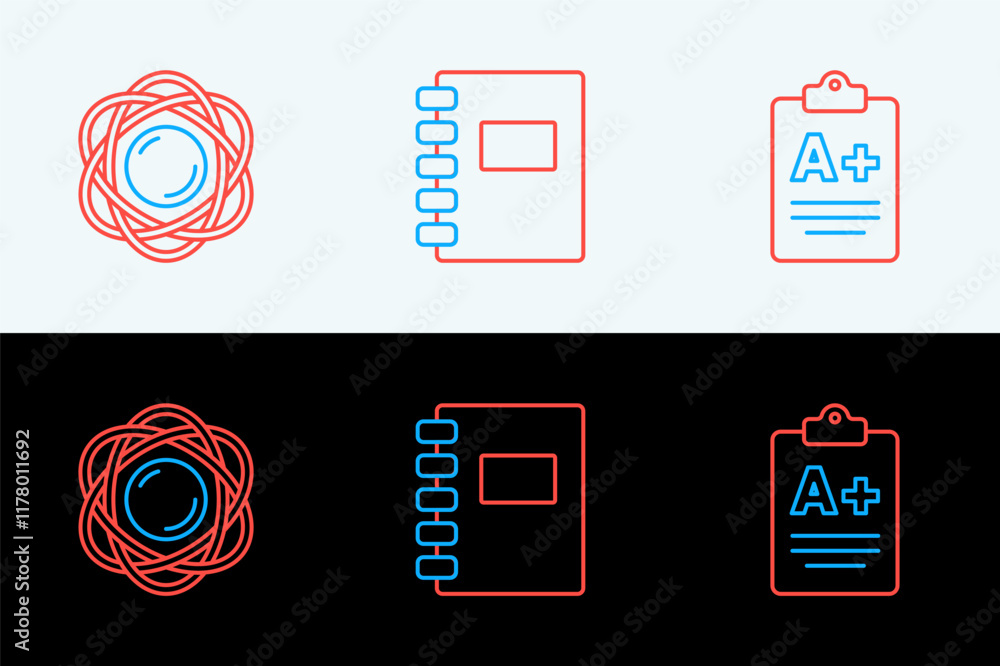 Poster set line exam sheet with a plus grade, atom and spiral notebook icon. vector