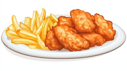 A plate of crispy fried chicken with golden-brown fries on a white isolated background