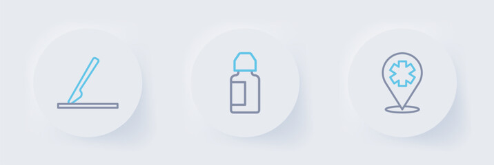 Set line Location with cross hospital, Eye drop bottle and Medical surgery scalpel icon. Vector