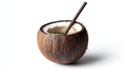 A fresh coconut filled with water and a straw on a white isolated background