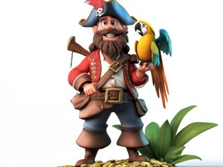 Colorful pirate character with parrot and treasure on tropical island