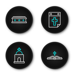 Set line Holy bible book, Old crypt, Calendar death and Coffin with cross icon. Vector