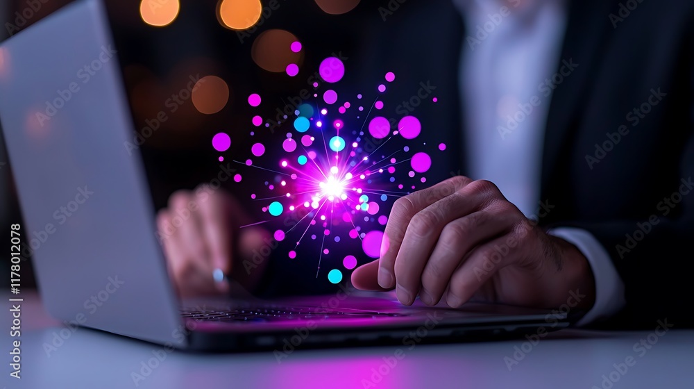 Poster man using laptop, glowing data points emerge.