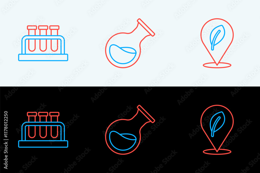 Poster set line location with leaf, test tube and flask and icon. vector
