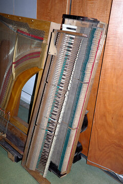 An open grand piano revealing its intricate internal mechanism in a mu