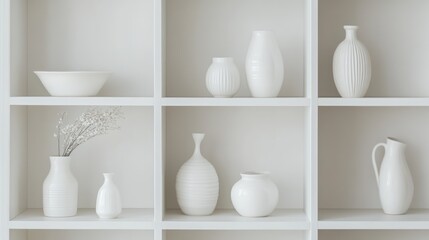 White ceramic vases and bowls arranged on a white shelf.