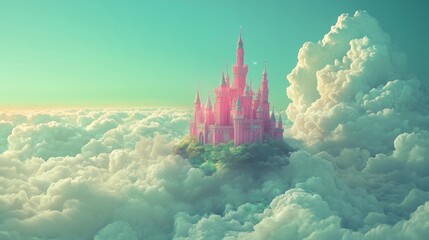 Pink magic castle on floating island in blue sky with fluffy clouds. Fantasy summer landscape with royal palace and flying ground pieces with green grass in heaven, Cartoon vector illustration