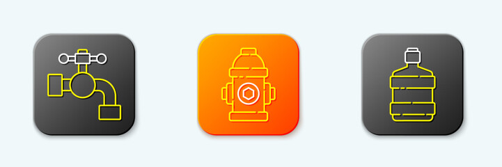 Set line Water tap, Fire hydrant and Big bottle with clean water icon. Vector